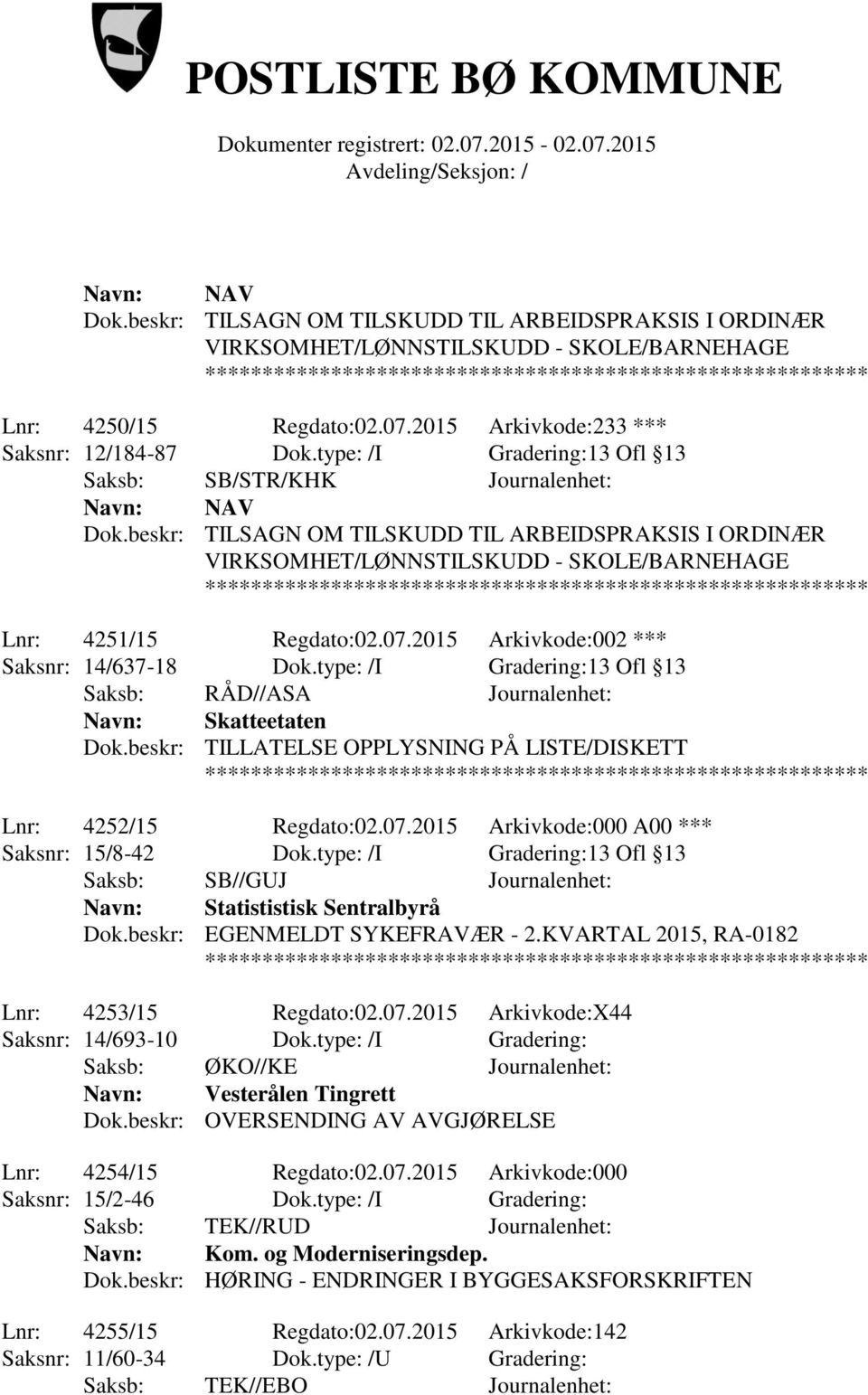 07.2015 Arkivkode:002 *** Saksnr: 14/637-18 Dok.type: /I Gradering:13 Ofl 13 Saksb: RÅD//ASA Journalenhet: Navn: Skatteetaten Dok.beskr: TILLATELSE OPPLYSNING PÅ LISTE/DISKETT Lnr: 4252/15 Regdato:02.