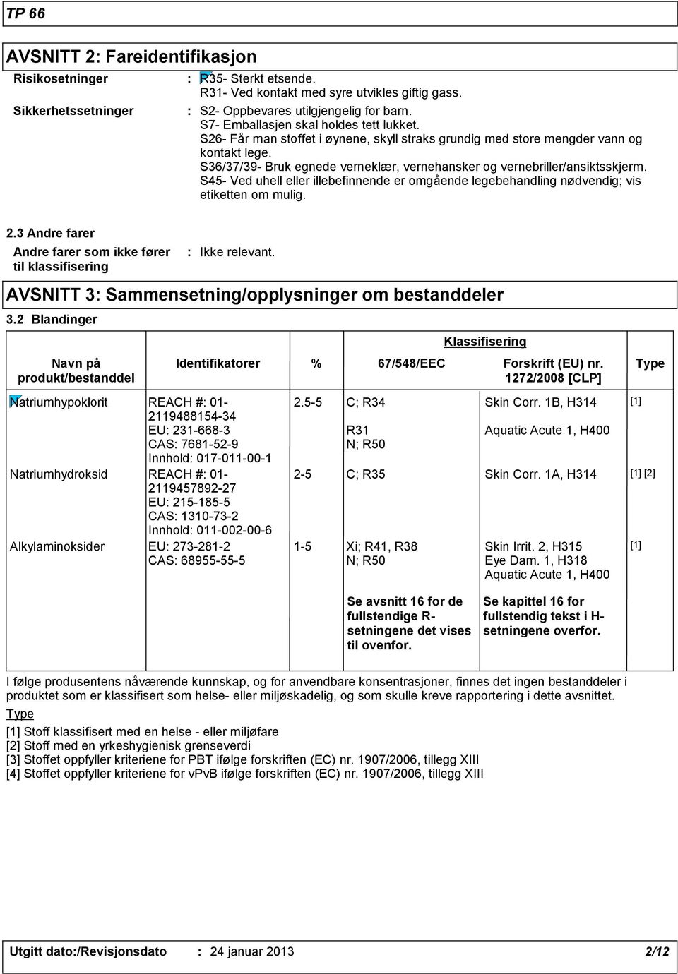 S36/37/39- Bruk egnede verneklær, vernehansker og vernebriller/ansiktsskjerm. S45- Ved uhell eller illebefinnende er omgående legebehandling nødvendig; vis etiketten om mulig. 2.