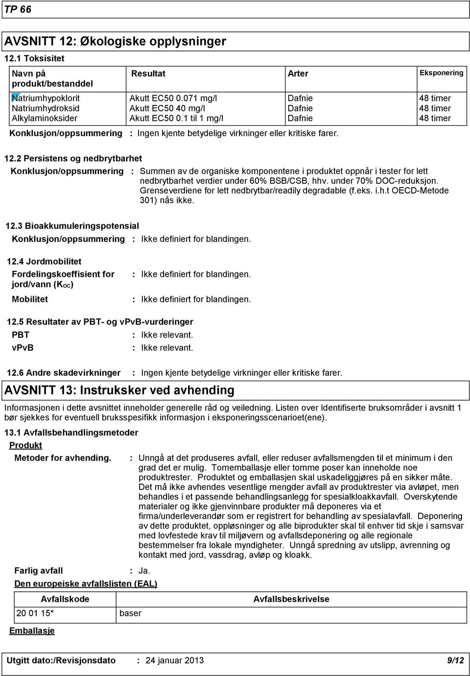 1 til 1 mg/l Dafnie 48 timer Konklusjon/oppsummering Ingen kjente betydelige virkninger eller kritiske farer. 12.