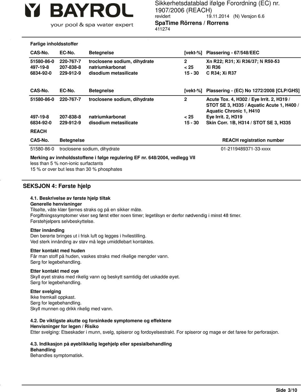 disodium metasilicate 15-30 C R34; Xi R37 CAS-No. EC-No. Betegnelse [vekt-%] Plassering - (EC) No 1272/2008 [CLP/GHS] 51580-86-0 220-767-7 troclosene sodium, dihydrate 2 Acute Tox.