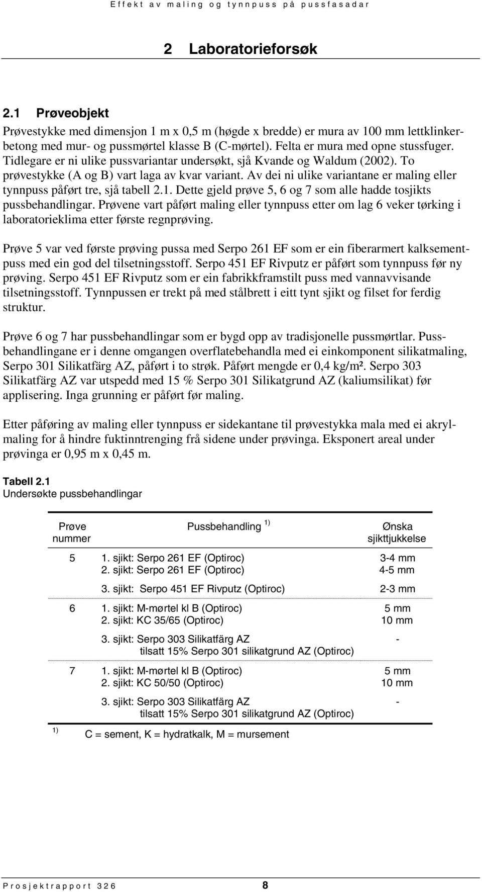 Av dei ni ulike variantane er maling eller tynnpuss påført tre, sjå tabell 2.1. Dette gjeld prøve 5, 6 og 7 som alle hadde tosjikts pussbehandlingar.