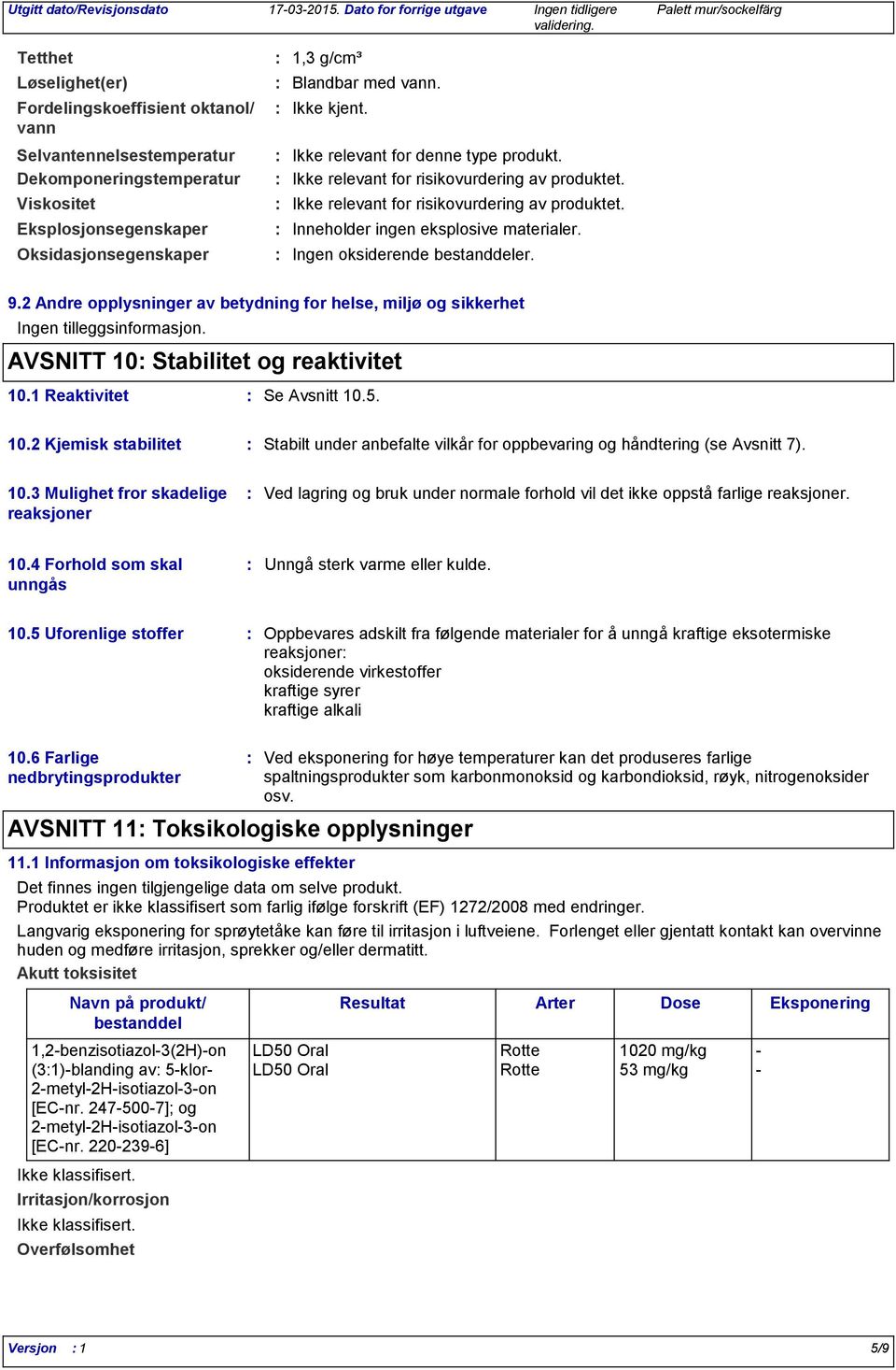 Ingen oksiderende bestanddeler. 9.2 Andre opplysninger av betydning for helse, miljø og sikkerhet Ingen tilleggsinformasjon. AVSNITT 10 