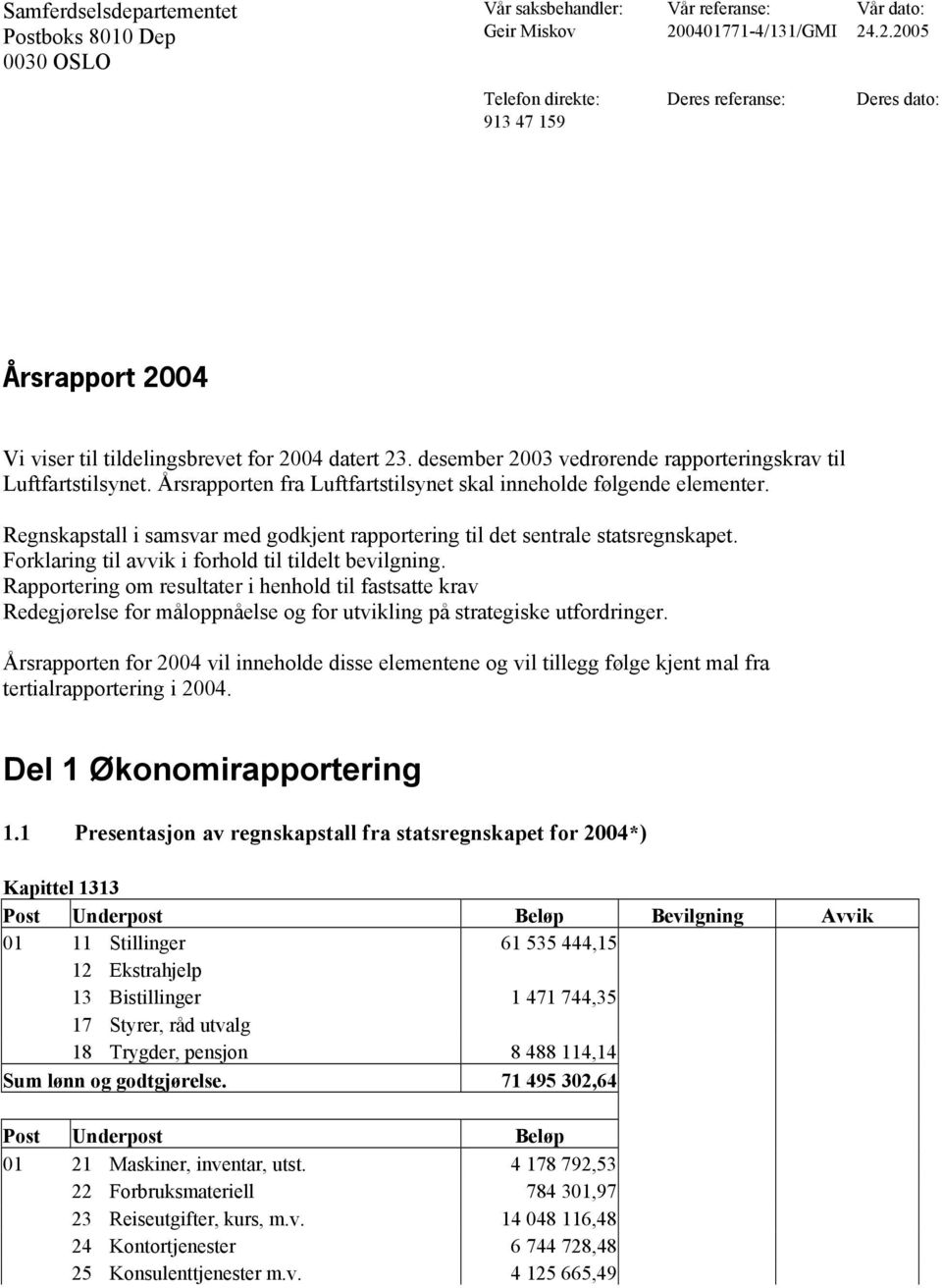desember 2003 vedrørende rapporteringskrav til Luftfartstilsynet. Årsrapporten fra Luftfartstilsynet skal inneholde følgende elementer.