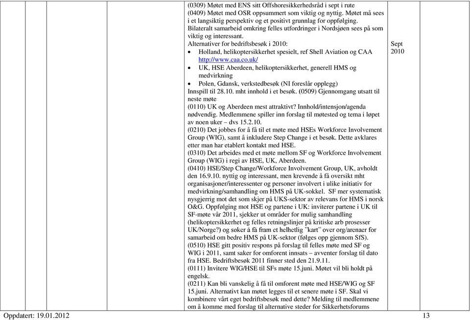 Alternativer for bedriftsbesøk i 2010: Sept Holland, helikoptersikkerhet spesielt, ref Shell Aviation og CAA 2010 http://www.caa.co.