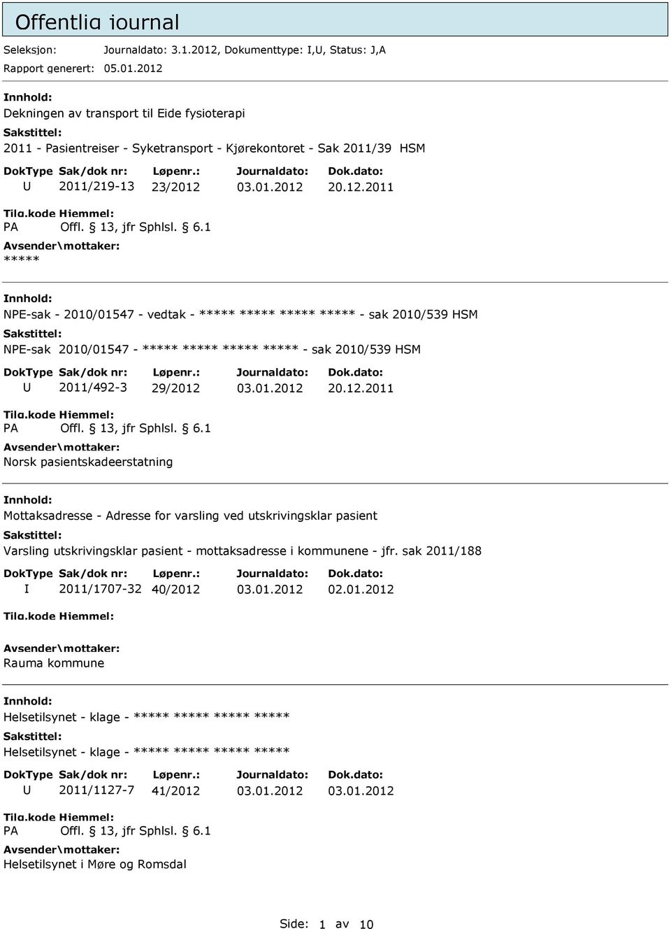 2012 nnhold: Dekningen av transport til Eide fysioterapi 2011 - asientreiser - Syketransport - Kjørekontoret - Sak 2011/39 HSM 2011/219-13 23/2012 20.12.2011 nnhold: NE-sak - 2010/01547 - vedtak - - sak 2010/539 HSM NE-sak 2010/01547 - - sak 2010/539 HSM 2011/492-3 29/2012 20.