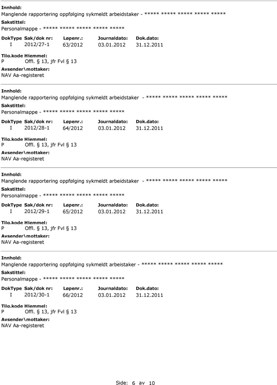 nnhold: Manglende rapportering oppfølging sykmeldt arbeidstaker - ersonalmappe - 2012/29-1 65/2012