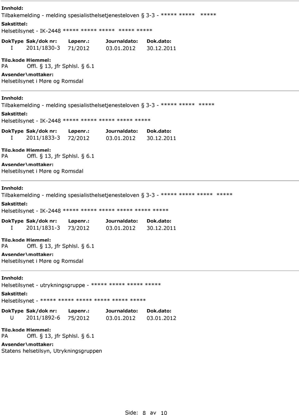 og Romsdal nnhold: Tilbakemelding - melding spesialisthelsetjenesteloven 3-3 - Helsetilsynet - K-2448 2011/1831-3 73/2012 Helsetilsynet i