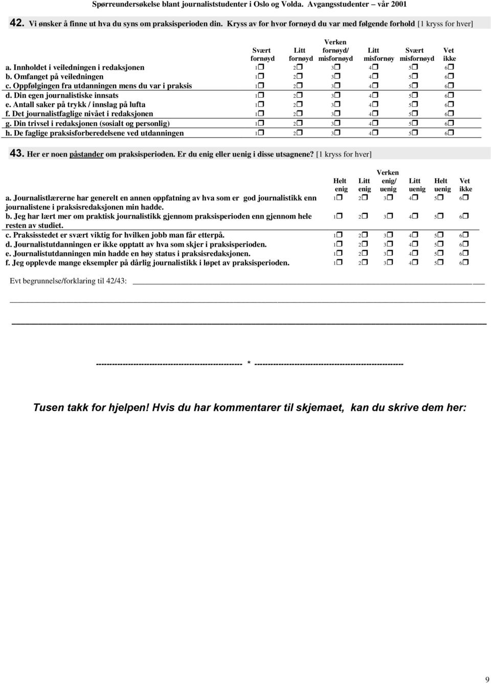 Innholdet i veiledningen i redaksjonen 1 2 3 4 5 6 b. Omfanget på veiledningen 1 2 3 4 5 6 c. Oppfølgingen fra utdanningen mens du var i praksis 1 2 3 4 5 6 d.