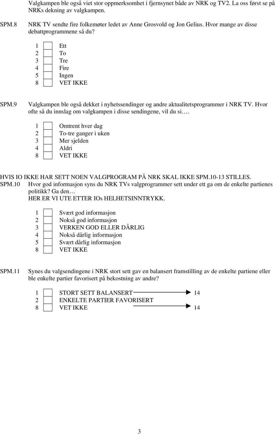 Hvor ofte så du innslag om valgkampen i disse sendingene, vil du si. 1 Omtrent hver dag 2 To-tre ganger i uken 3 Mer sjelden 4 Aldri HVIS IO IKKE HAR SETT NOEN VALGPROGRAM PÅ NRK SKAL IKKE SPM.