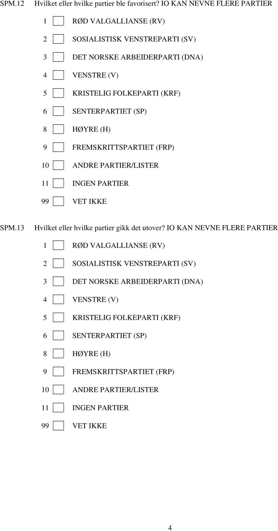 (KRF) 6 SENTERPARTIET (SP) 8 HØYRE (H) 9 FREMSKRITTSPARTIET (FRP) 10 ANDRE PARTIER/LISTER 11 INGEN PARTIER SPM.