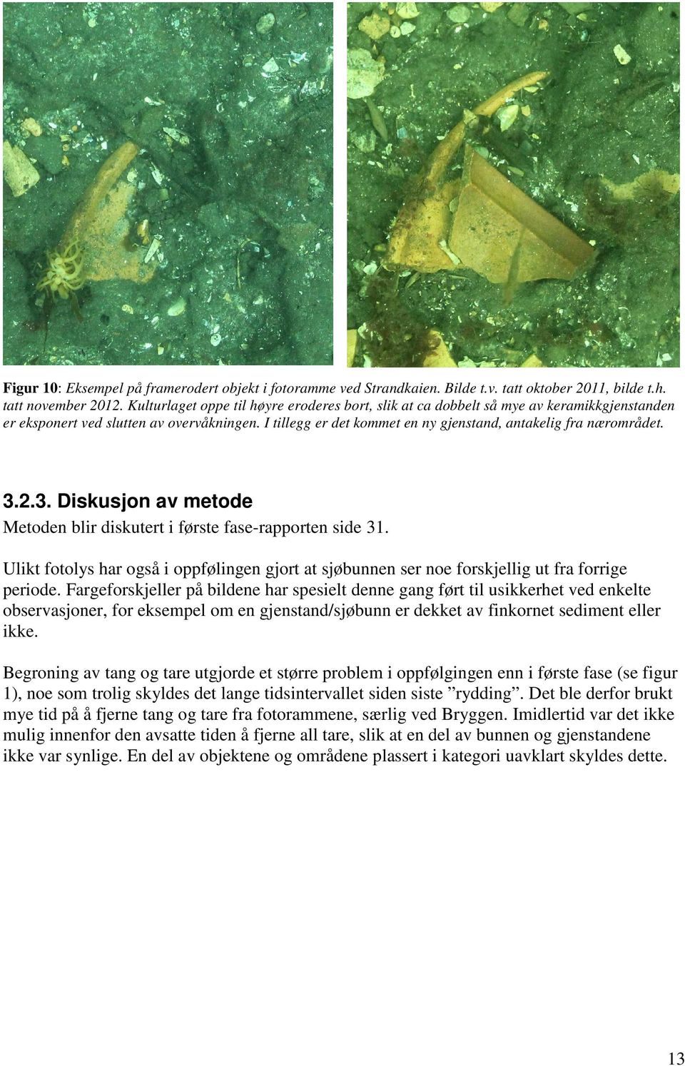 3.2.3. Diskusjon av metode Metoden blir diskutert i første fase-rapporten side 31. Ulikt fotolys har også i oppfølingen gjort at sjøbunnen ser noe forskjellig ut fra forrige periode.