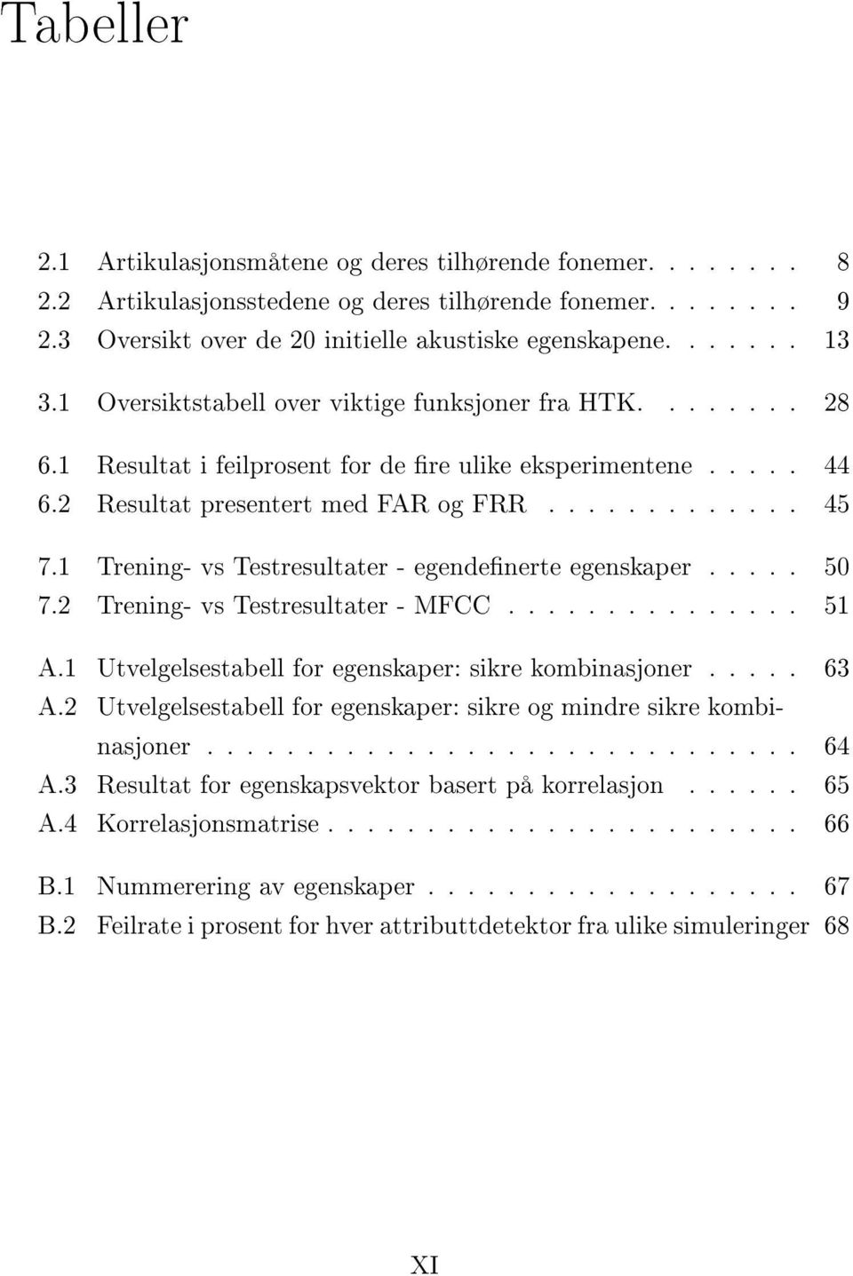 1 Trening- vs Testresultater - egendenerte egenskaper..... 50 7.2 Trening- vs Testresultater - MFCC............... 51 A.1 Utvelgelsestabell for egenskaper: sikre kombinasjoner..... 63 A.