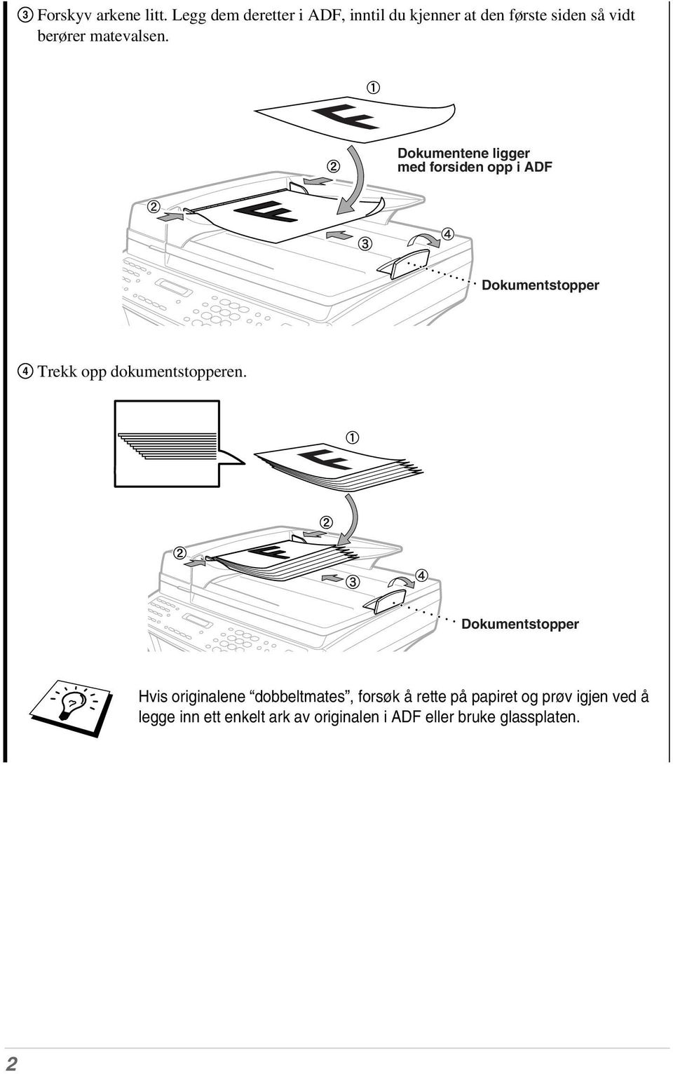 Dokumentene ligger med forsiden opp i ADF Dokumentstopper 4 Trekk opp dokumentstopperen.