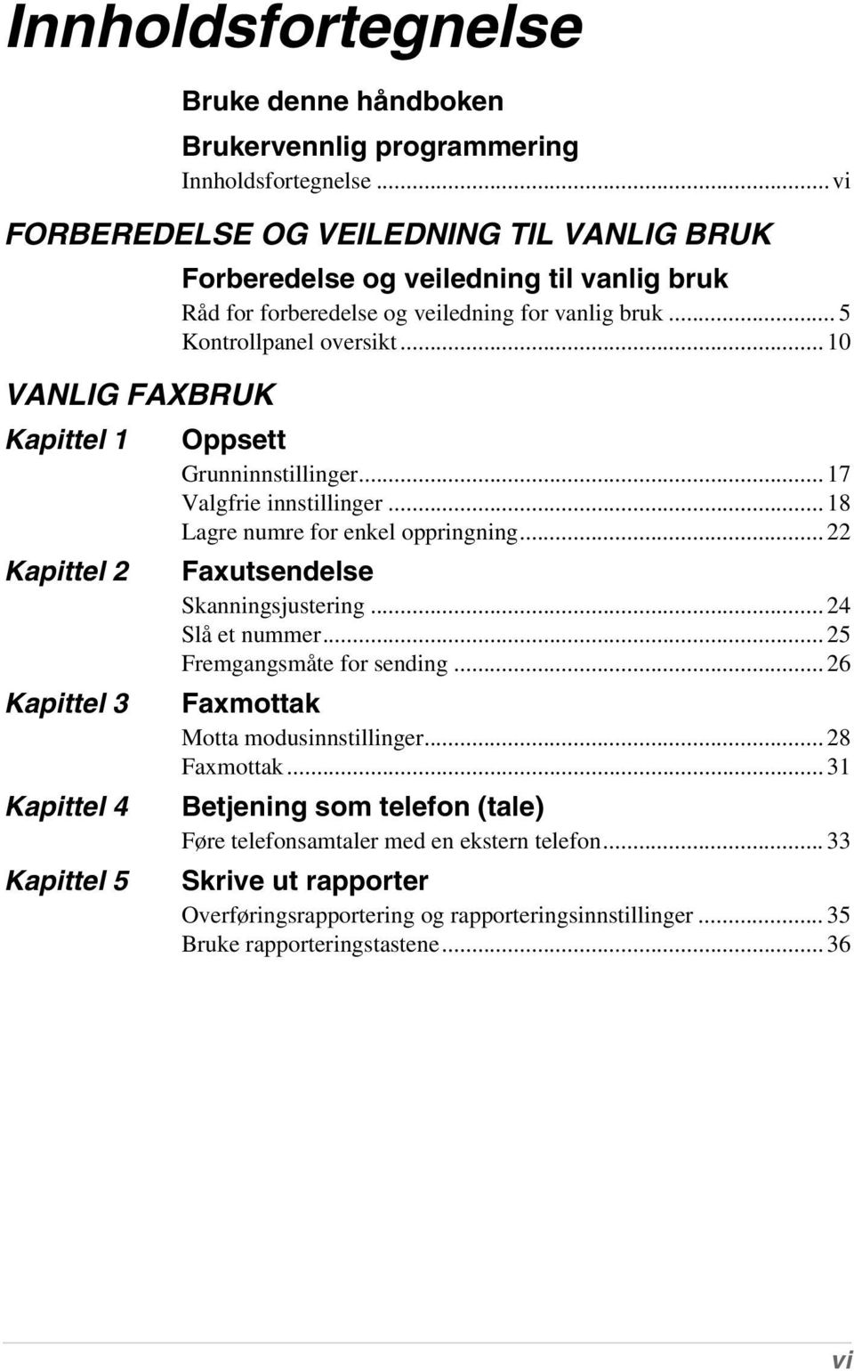 veiledning for vanlig bruk... 5 Kontrollpanel oversikt... 10 Oppsett Grunninnstillinger... 17 Valgfrie innstillinger... 18 Lagre numre for enkel oppringning... 22 Faxutsendelse Skanningsjustering.