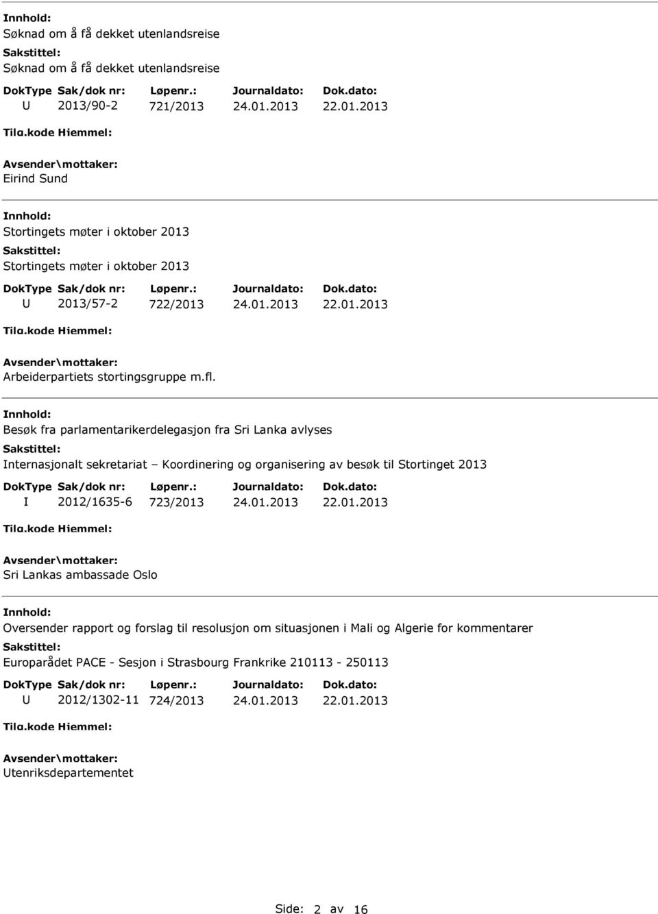 fl. Besøk fra parlamentarikerdelegasjon fra Sri Lanka avlyses nternasjonalt sekretariat Koordinering og organisering av besøk til Stortinget 2013 2012/1635-6 723/2013