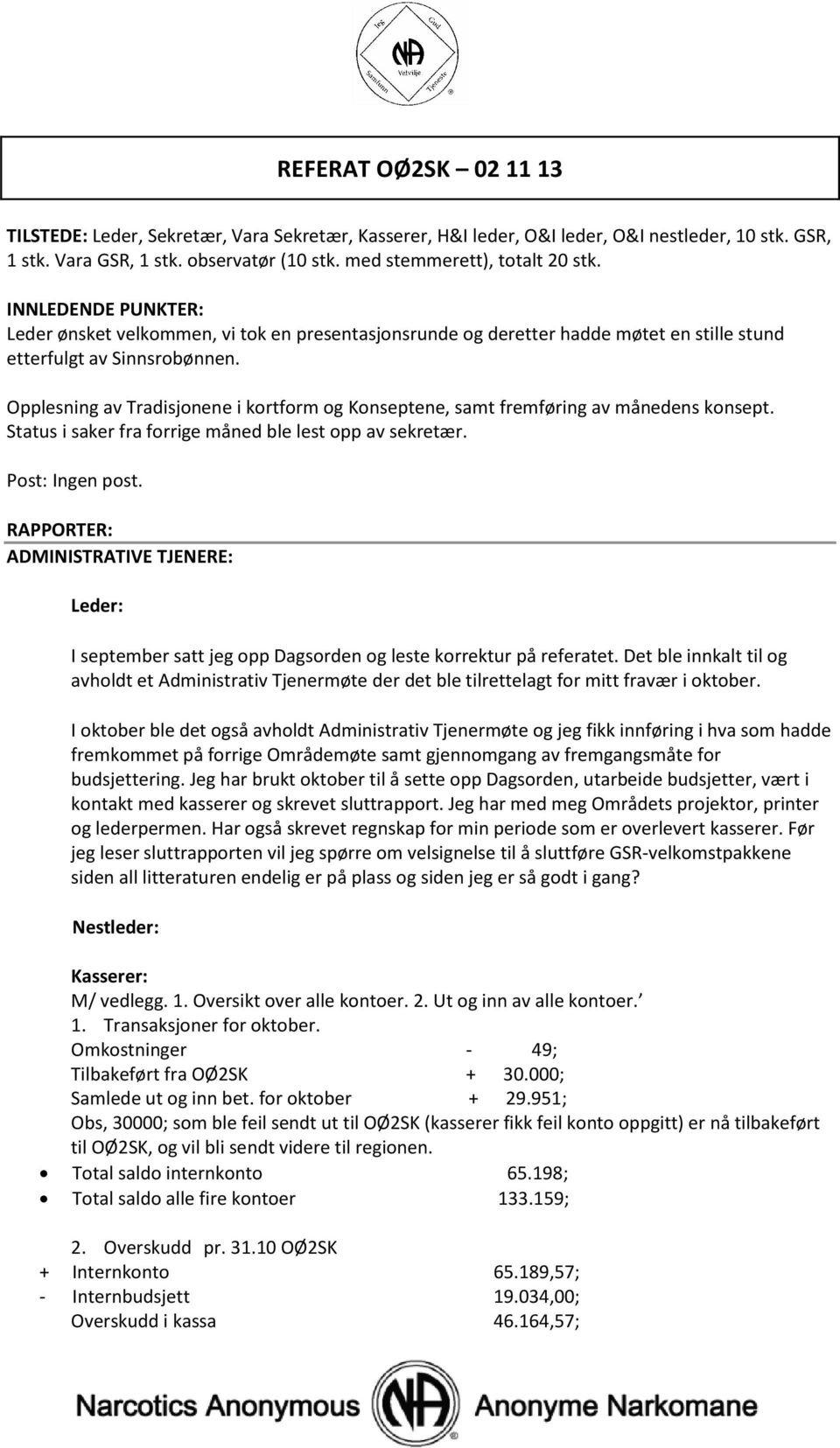 Opplesning av Tradisjonene i kortform og Konseptene, samt fremføring av månedens konsept. Status i saker fra forrige måned ble lest opp av sekretær. Post: Ingen post.