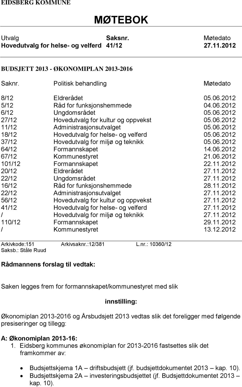 06.2012 37/12 Hovedutvalg for miljø og teknikk 05.06.2012 64/12 Formannskapet 14.06.2012 67/12 Kommunestyret 21.06.2012 101/12 Formannskapet 22.11.2012 20/12 Eldrerådet 27.11.2012 22/12 Ungdomsrådet 27.