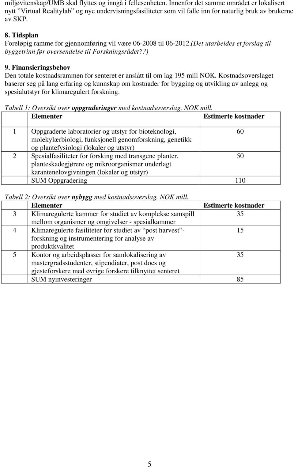 Tidsplan Foreløpig ramme for gjennomføring vil være 06-2008 til 06-2012.(Det utarbeides et forslag til byggetrinn før oversendelse til Forskningsrådet??) 9.