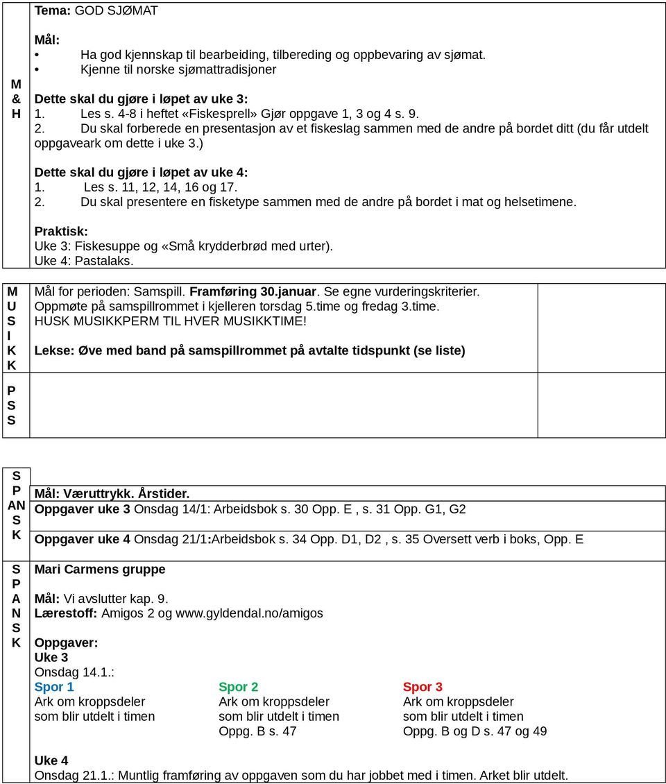 ) Dette skal du gjøre i løpet av uke 4: 1. Les s. 11, 12, 14, 16 og 17. 2. Du skal presentere en fisketype sammen med de andre på bordet i mat og helsetimene.