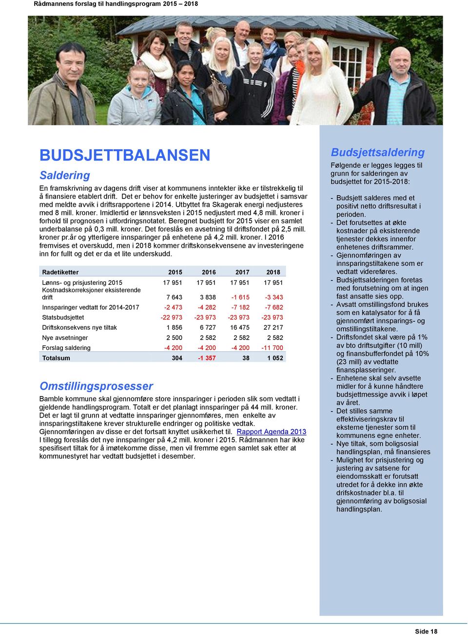 Imidlertid er lønnsveksten i 2015 nedjustert med 4,8 mill. kroner i forhold til prognosen i utfordringsnotatet. Beregnet budsjett for 2015 viser en samlet underbalanse på 0,3 mill. kroner. Det foreslås en avsetning til driftsfondet på 2,5 mill.