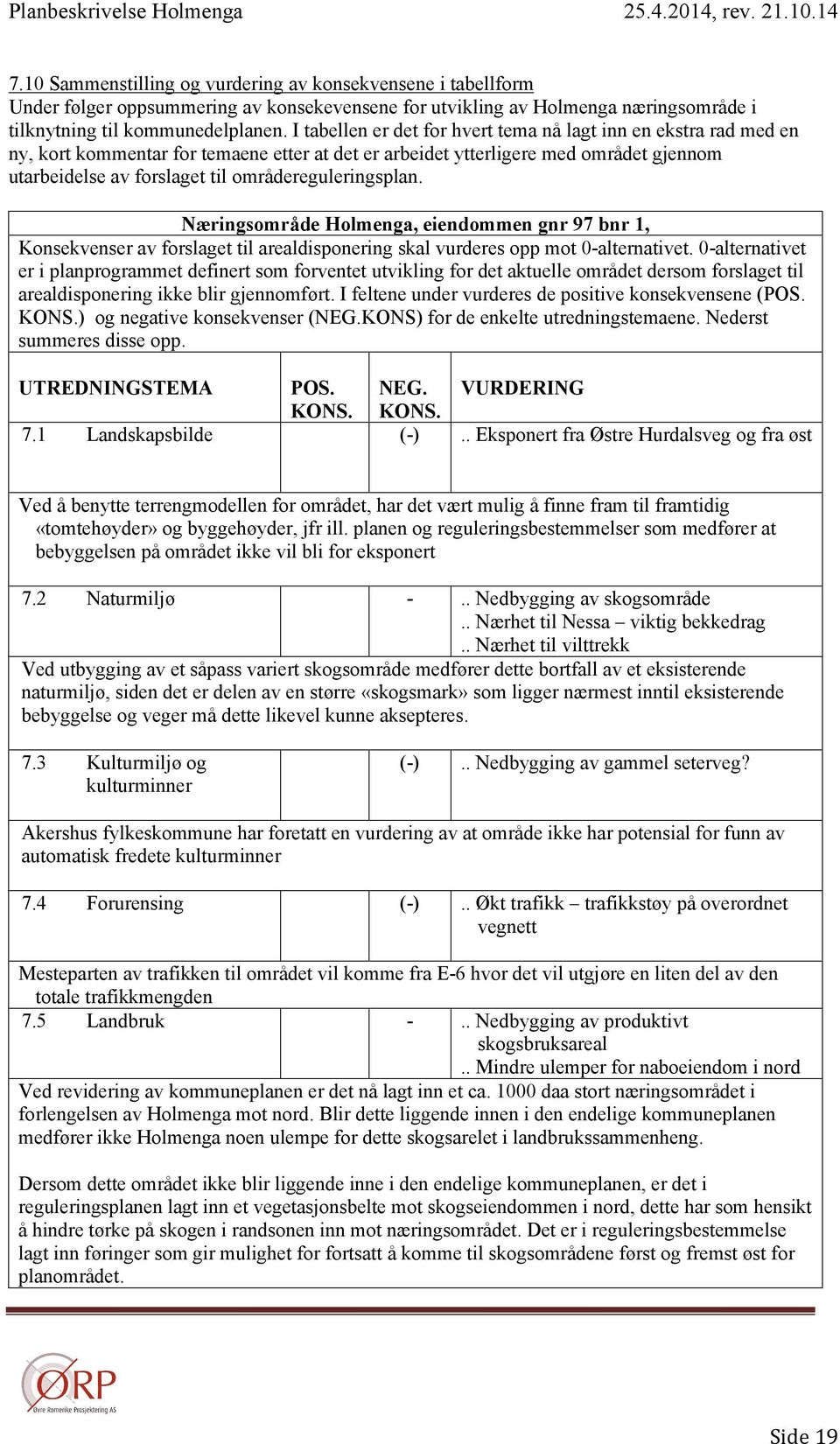 områdereguleringsplan. Næringsområde Holmenga, eiendommen gnr 97 bnr 1, Konsekvenser av forslaget til arealdisponering skal vurderes opp mot 0-alternativet.