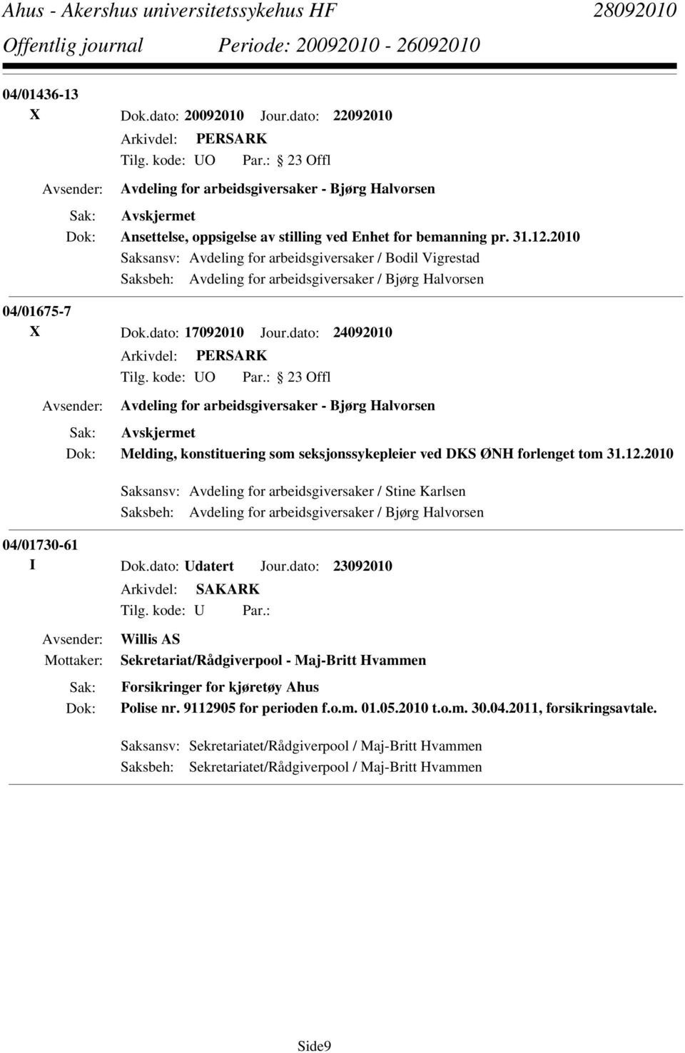 dato: 24092010 Avdeling for arbeidsgiversaker - Bjørg Halvorsen Melding, konstituering som seksjonssykepleier ved DKS ØNH forlenget tom 31.12.