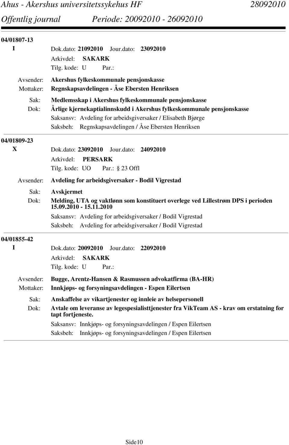pensjonskasse Saksansv: Avdeling for arbeidsgiversaker / Elisabeth Bjørge Saksbeh: Regnskapsavdelingen / Åse Ebersten Henriksen 04/01809-23 X Dok.dato: 23092010 Jour.
