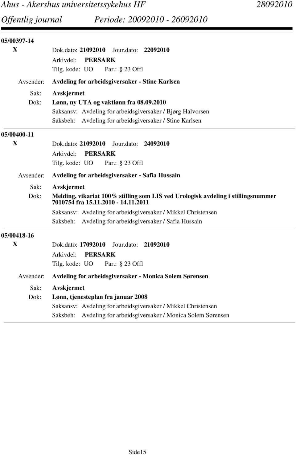 2010-14.11.2011 Saksansv: Avdeling for arbeidsgiversaker / Mikkel Christensen Saksbeh: Avdeling for arbeidsgiversaker / Safia Hussain 05/00418-16 X Dok.dato: 17092010 Jour.