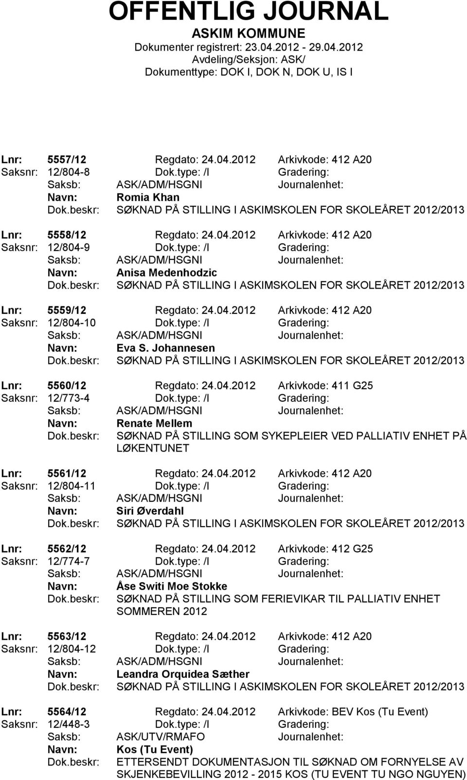 Johannesen SØKNAD PÅ STILLING I ASKIMSKOLEN FOR SKOLEÅRET 2012/2013 Lnr: 5560/12 Regdato: 24.04.2012 Arkivkode: 411 G25 Saksnr: 12/773-4 Dok.