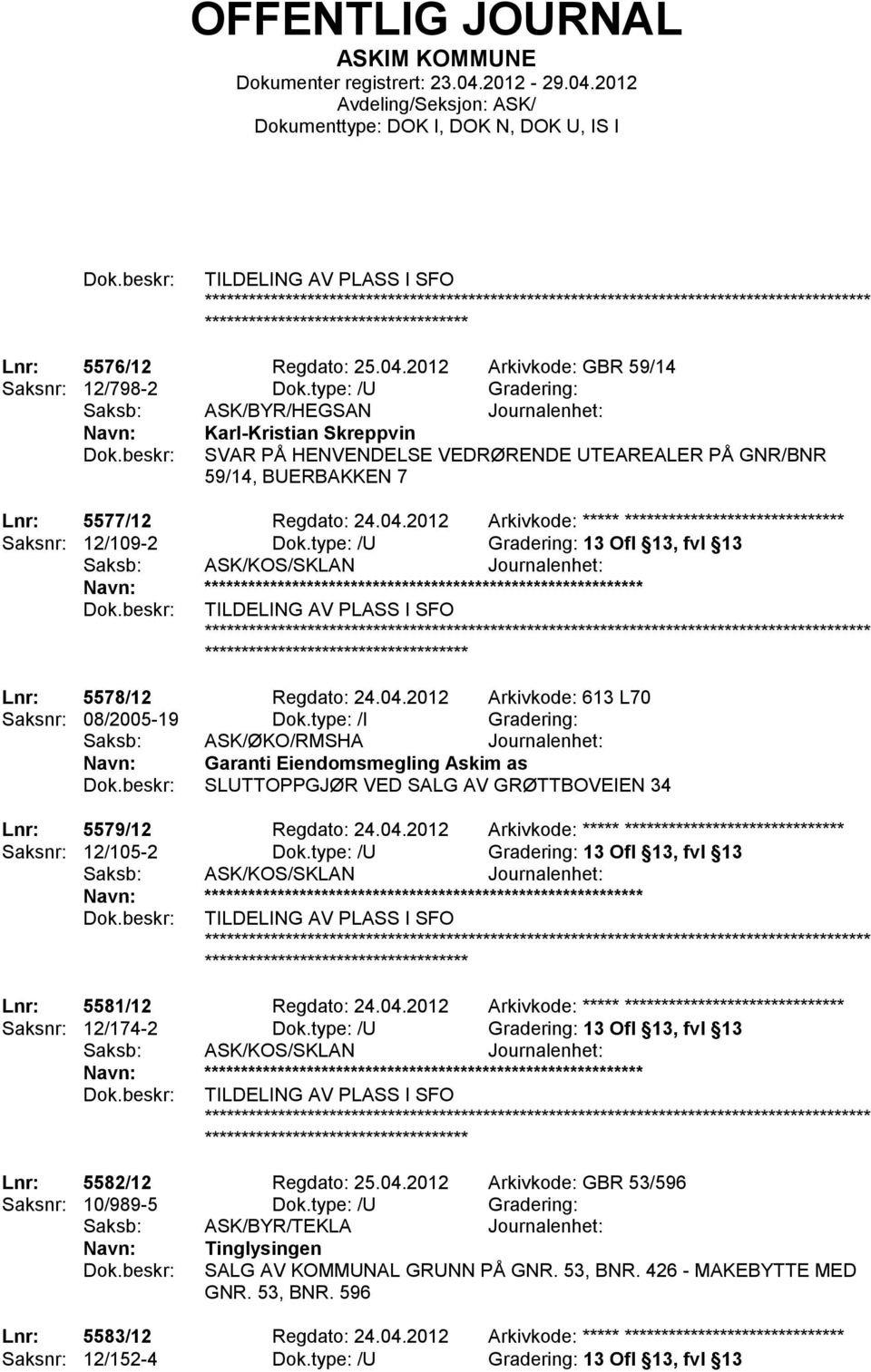 2012 Arkivkode: ***** ****************************** Saksnr: 12/109-2 Dok.