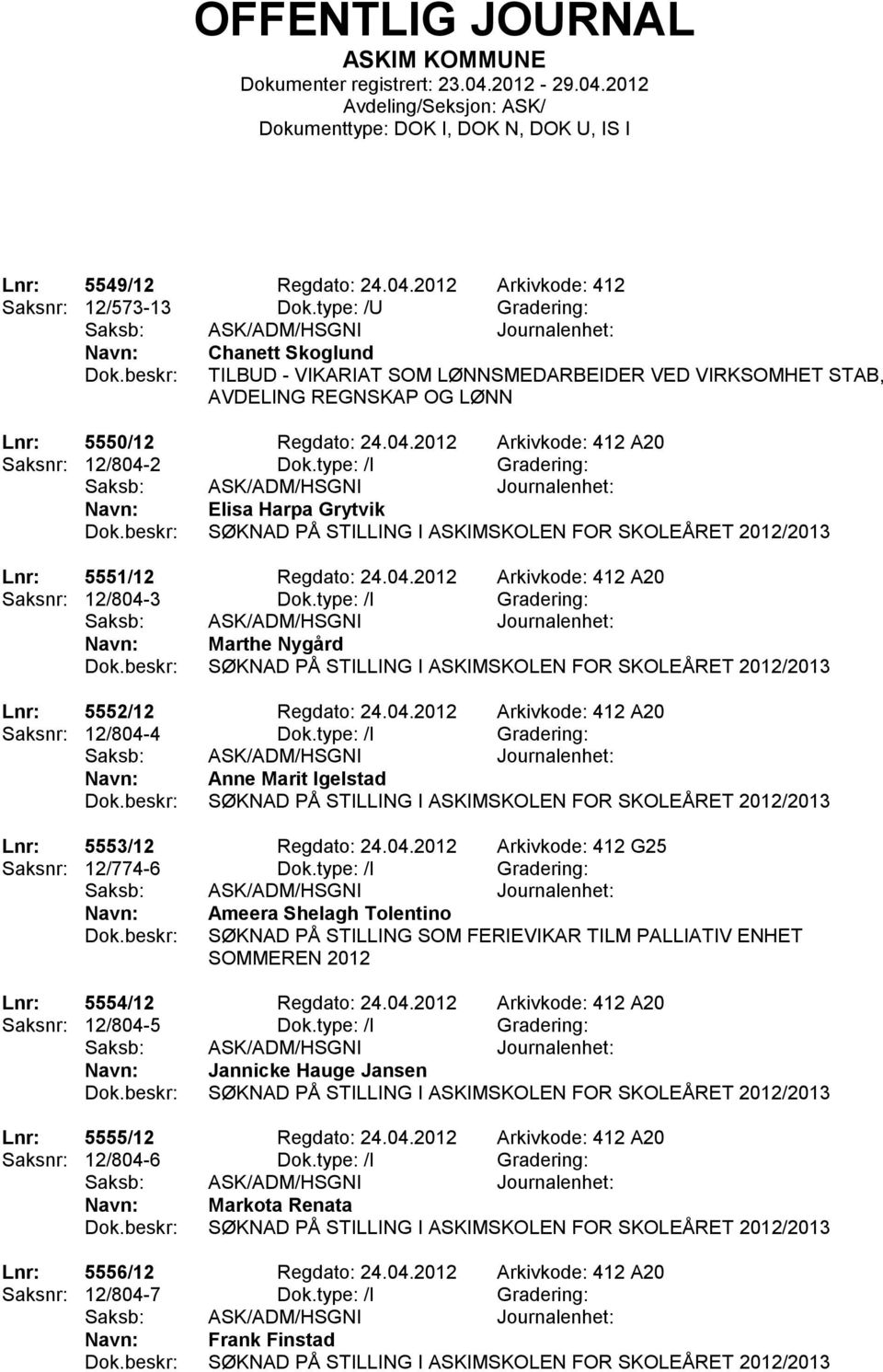 type: /I Gradering: Elisa Harpa Grytvik SØKNAD PÅ STILLING I ASKIMSKOLEN FOR SKOLEÅRET 2012/2013 Lnr: 5551/12 Regdato: 24.04.2012 Arkivkode: 412 A20 Saksnr: 12/804-3 Dok.