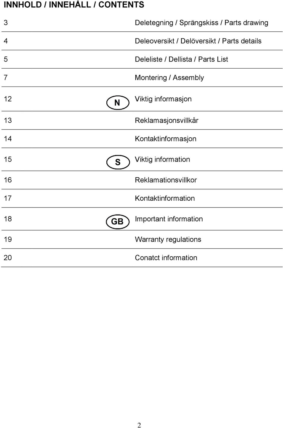 informasjon 13 Reklamasjonsvillkår 14 Kontaktinformasjon 15 Viktig information 16