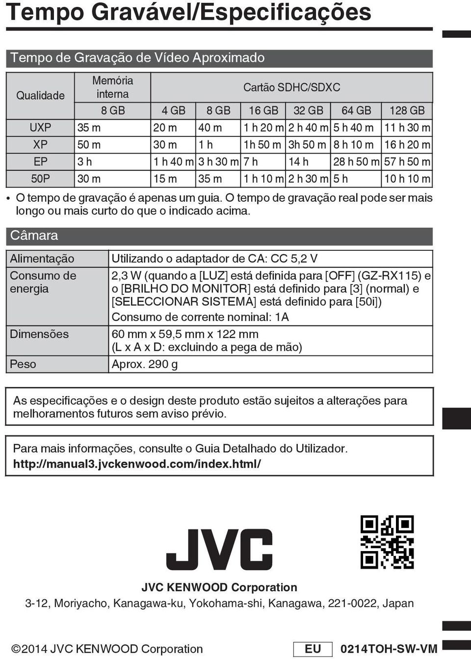 guia O tempo de gravação real pode ser mais longo ou mais curto do que o indicado acima Câmara Alimentação Consumo de energia Dimensões Peso Utilizando o adaptador de CA: CC 5,2 V 2,3 W (quando a