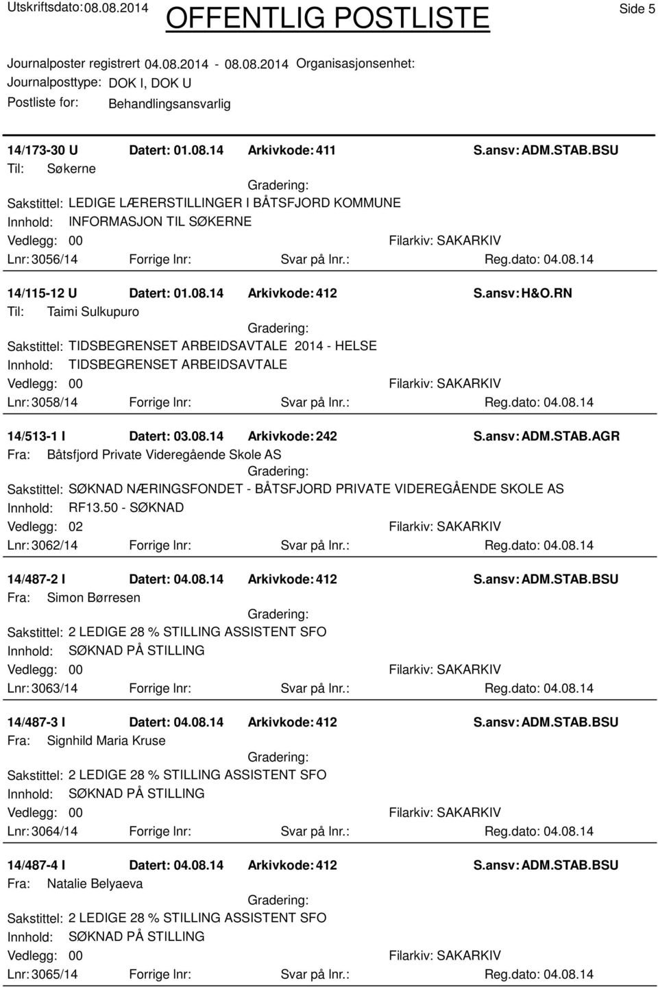 RN Taimi Sulkupuro Sakstittel: TIDSBEGRENSET ARBEIDSAVTALE 2014 - HELSE Innhold: TIDSBEGRENSET ARBEIDSAVTALE Lnr: 3058/14 Forrige lnr: Svar på lnr.: Reg.dato: 04.08.14 14/513-1 I Datert: 03.08.14 Arkivkode:242 S.