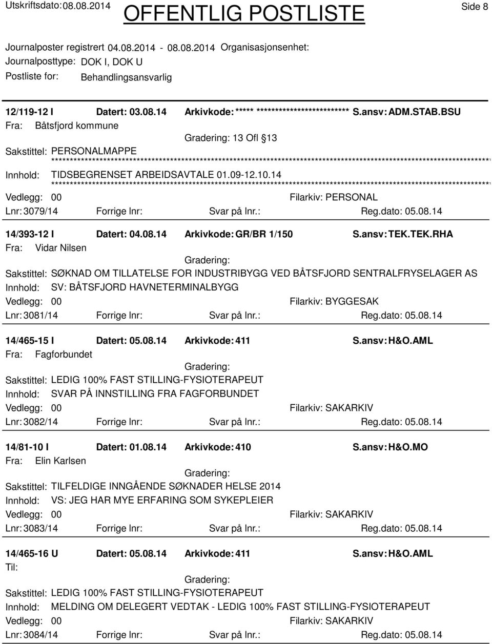 TEK.RHA Fra: Vidar Nilsen Sakstittel: SØKNAD OM TILLATELSE FOR INDUSTRIBYGG VED BÅTSFJORD SENTRALFRYSELAGER AS Innhold: SV: BÅTSFJORD HAVNETERMINALBYGG Filarkiv: BYGGESAK Lnr: 3081/14 Forrige lnr: