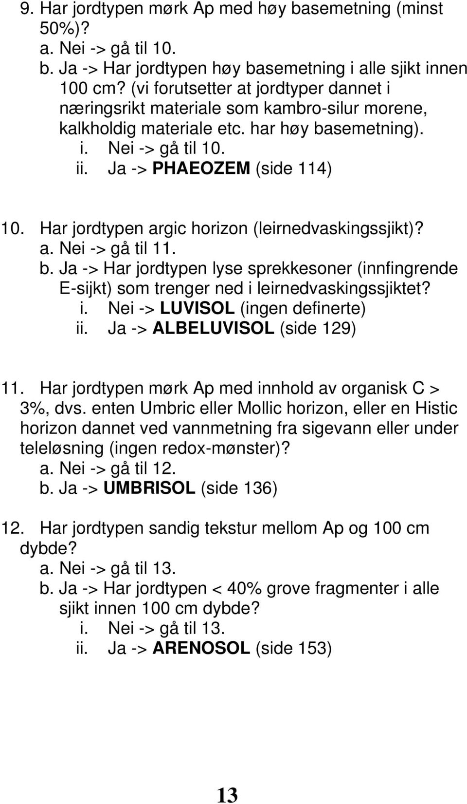 Har jordtypen argic horizon (leirnedvaskingssjikt)? a. Nei -> gå til 11. b. Ja -> Har jordtypen lyse sprekkesoner (innfingrende E-sijkt) som trenger ned i leirnedvaskingssjiktet? i. Nei -> LUVISOL (ingen definerte) ii.