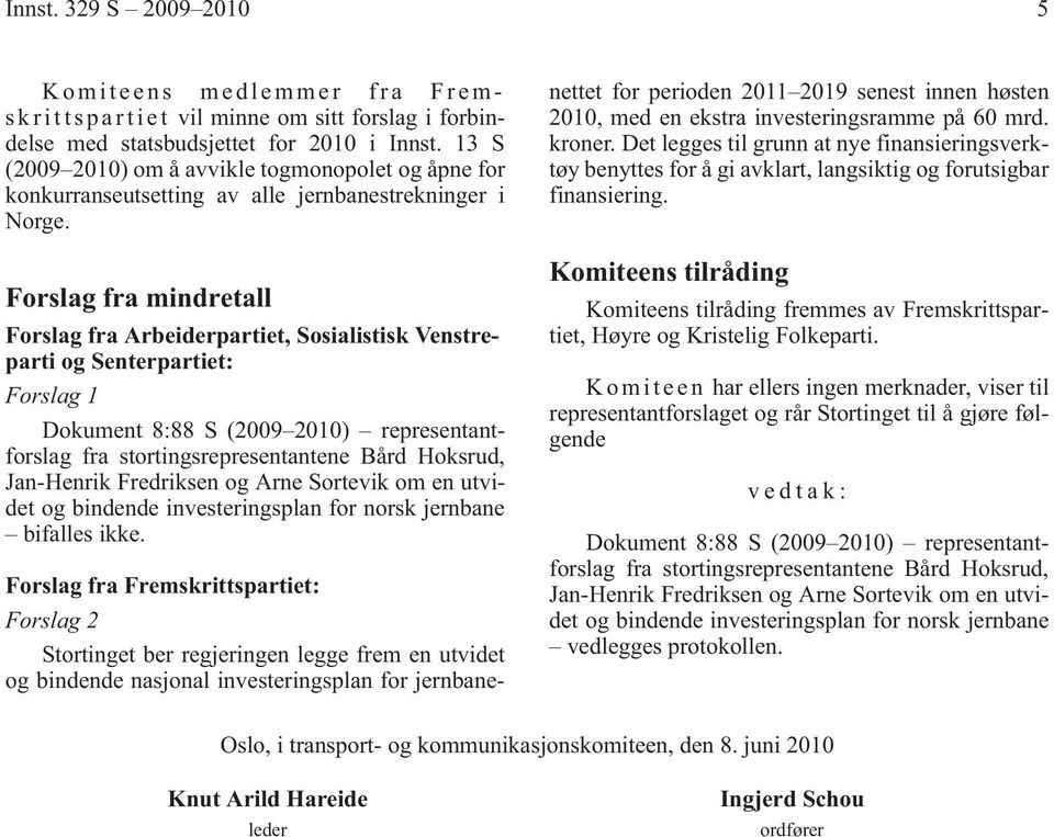 Forslag fra mindretall Forslag fra Arbeiderpartiet, Sosialistisk Venstreparti og Senterpartiet: Forslag 1 Dokument 8:88 S (2009 2010) representantforslag fra stortingsrepresentantene Bård Hoksrud,