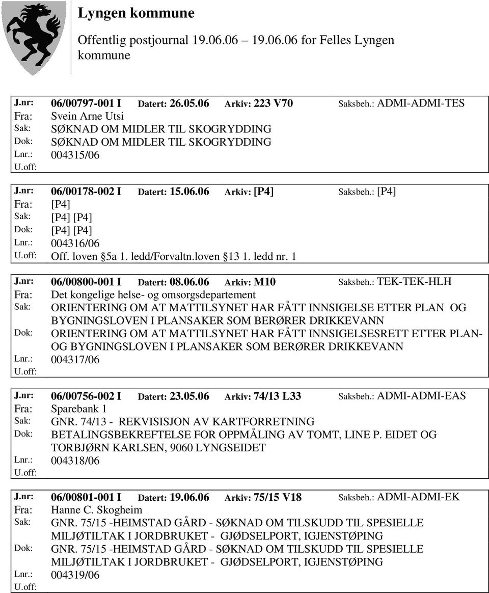 nr: 06/00800-001 I Datert: 08.06.06 Arkiv: M10 Saksbeh.