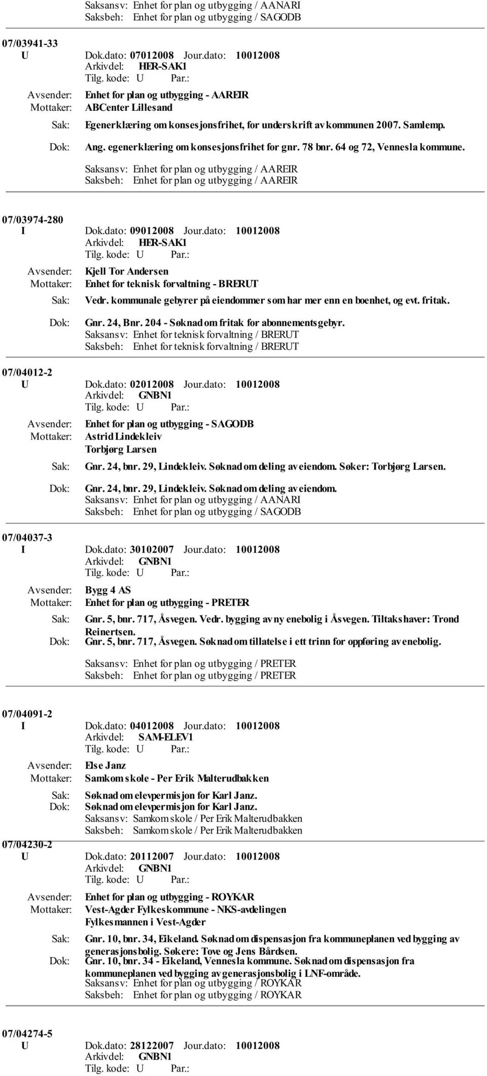 64 og 72, Vennesla kommune. 07/03974-280 I Dok.dato: 09012008 Jour.dato: Kjell Tor Andersen Enhet for teknisk forvaltning - BRERUT Vedr.