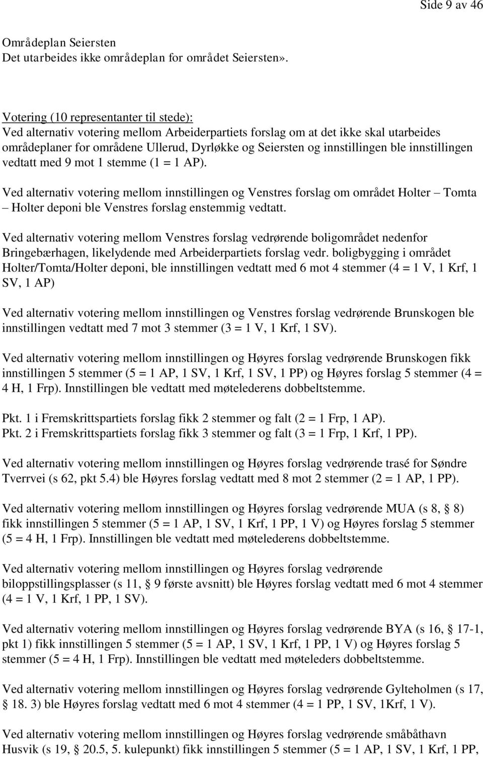 innstillingen ble innstillingen vedtatt med 9 mot 1 stemme (1 = 1 AP).