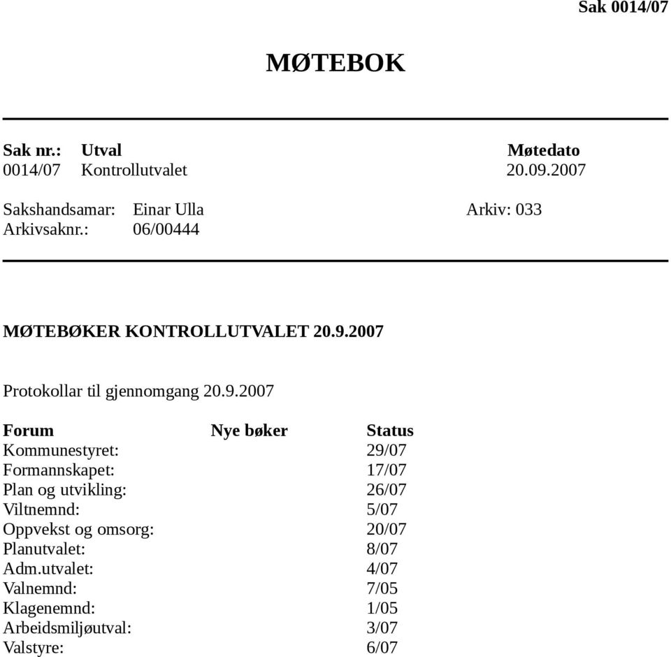 2007 Protokollar til gjennomgang 20.9.