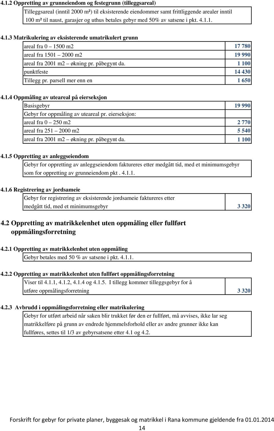 1 100 punktfeste 14 430 Tillegg pr. parsell mer enn en 1 650 4.1.4 Oppmåling av uteareal på eierseksjon Basisgebyr 19 990 Gebyr for oppmåling av uteareal pr.