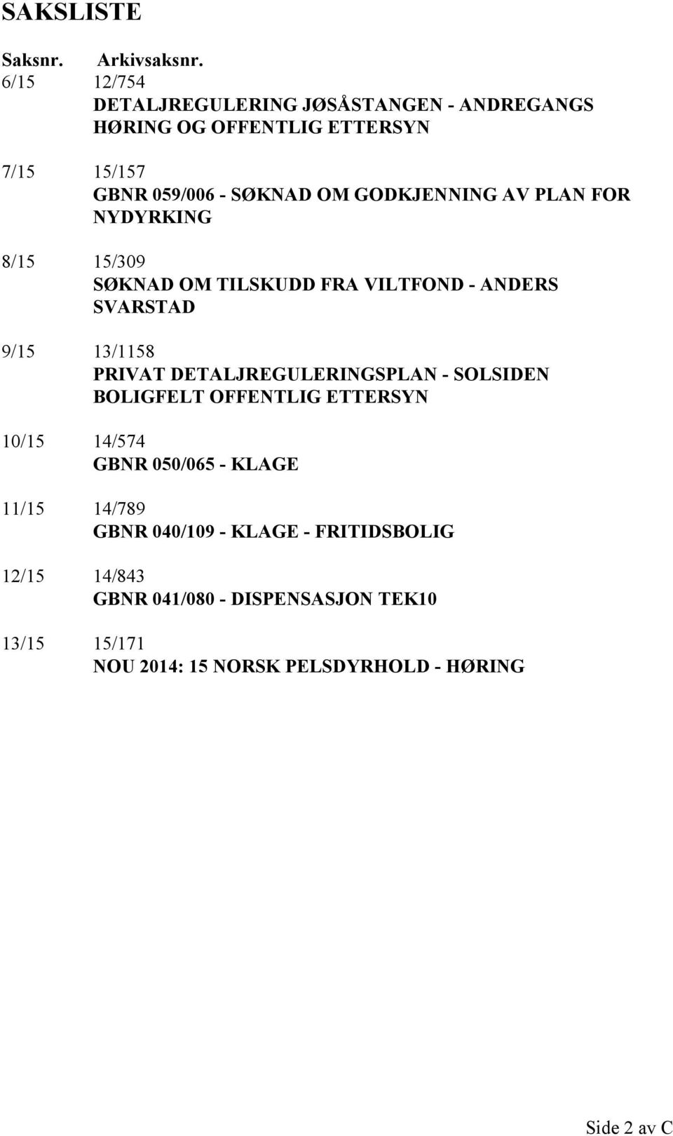 GODKJENNING AV PLAN FOR NYDYRKING 8/15 15/309 SØKNAD OM TILSKUDD FRA VILTFOND - ANDERS SVARSTAD 9/15 13/1158 PRIVAT