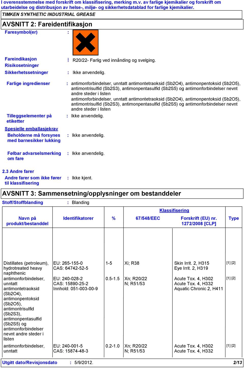 Farlige ingredienser Tilleggselementer på etiketter Spesielle emballasjekrav Beholderne må forsynes med barnesikker lukking antimonforbindelser, unntatt antimontetraoksid (Sb2O4), antimonpentoksid