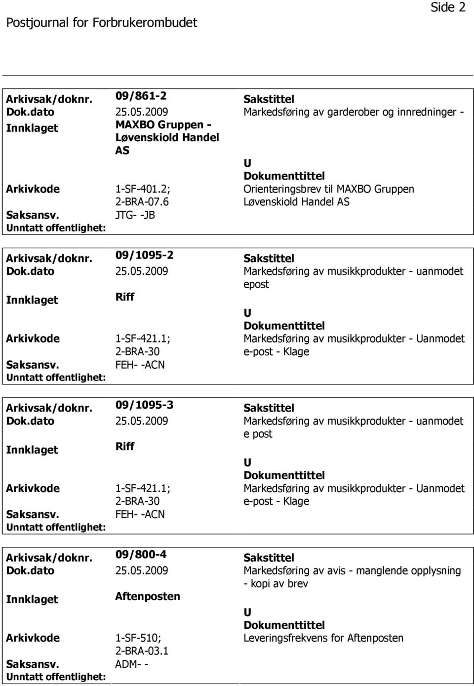 1; FEH- -ACN Markedsføring av musikkprodukter - anmodet e-post - Klage Arkivsak/doknr. 09/1095-3 Sakstittel Dok.dato 25.05.