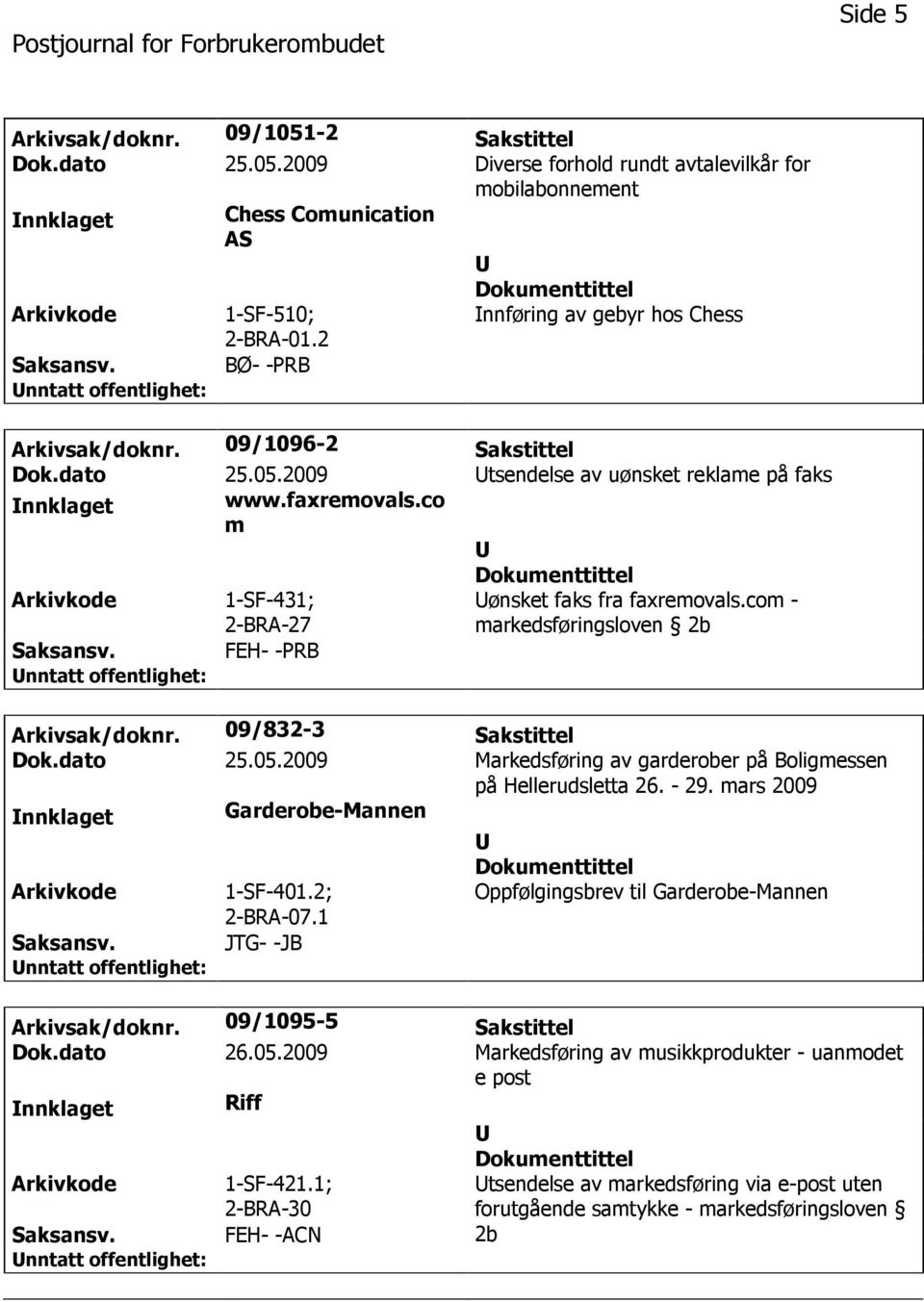 co m 1-SF-431; 2-BRA-27 ønsket faks fra faxremovals.com - markedsføringsloven 2b FEH- -PRB Arkivsak/doknr. 09/832-3 Sakstittel Dok.dato 25.05.