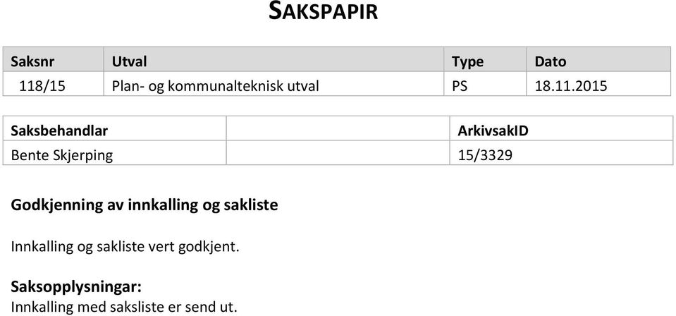 2015 Saksbehandlar ArkivsakID Bente Skjerping 15/3329 Godkjenning