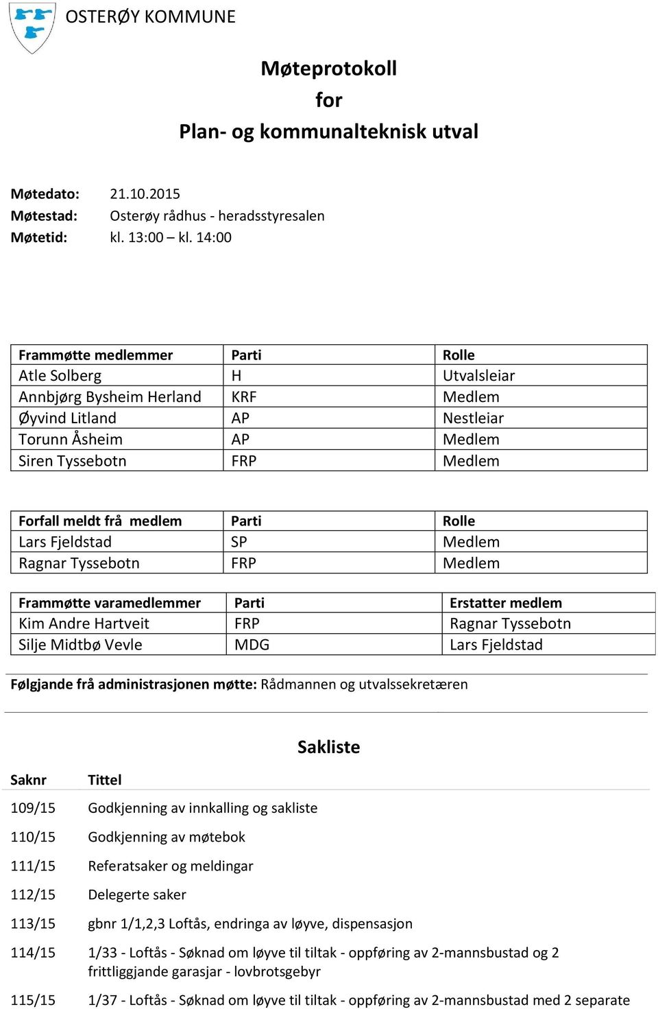 medlem Parti Rolle Lars Fjeldstad SP Medlem Ragnar Tyssebotn FRP Medlem Frammøtte varamedlemmer Parti Erstatter medlem Kim Andre Hartveit FRP Ragnar Tyssebotn Silje Midtbø Vevle MDG Lars Fjeldstad