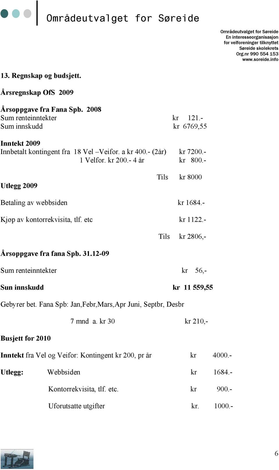 - Utlegg 2009 Tils kr 8000 Betaling av webbsiden kr 1684.- Kjøp av kontorrekvisita, tlf. etc kr 1122.- Tils kr 2806,- Årsoppgave fra fana Spb. 31.