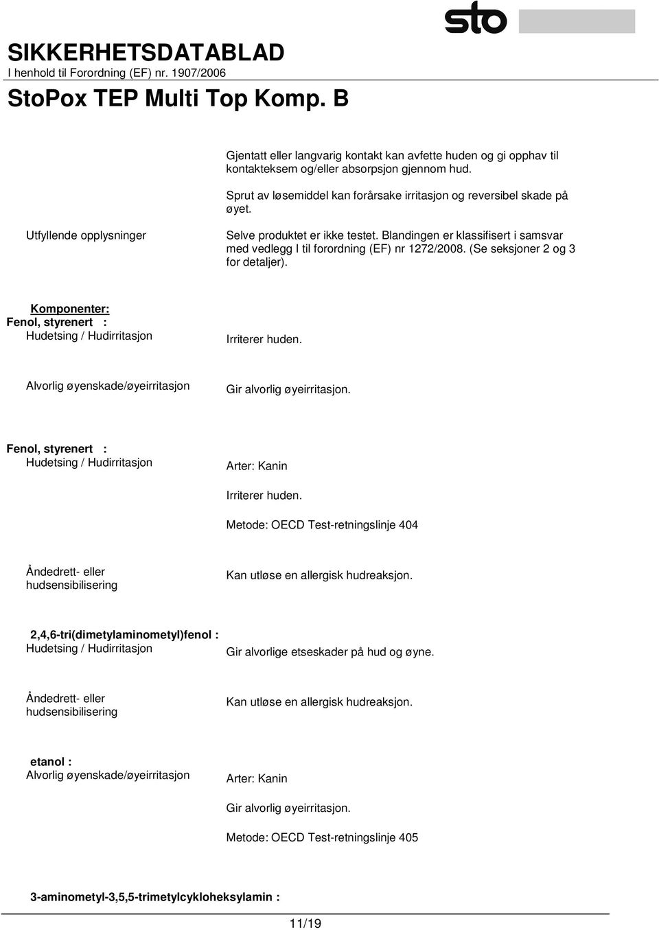 Komponenter: Fenol, styrenert : Hudetsing / Hudirritasjon Irriterer huden. Alvorlig øyenskade/øyeirritasjon Gir alvorlig øyeirritasjon.